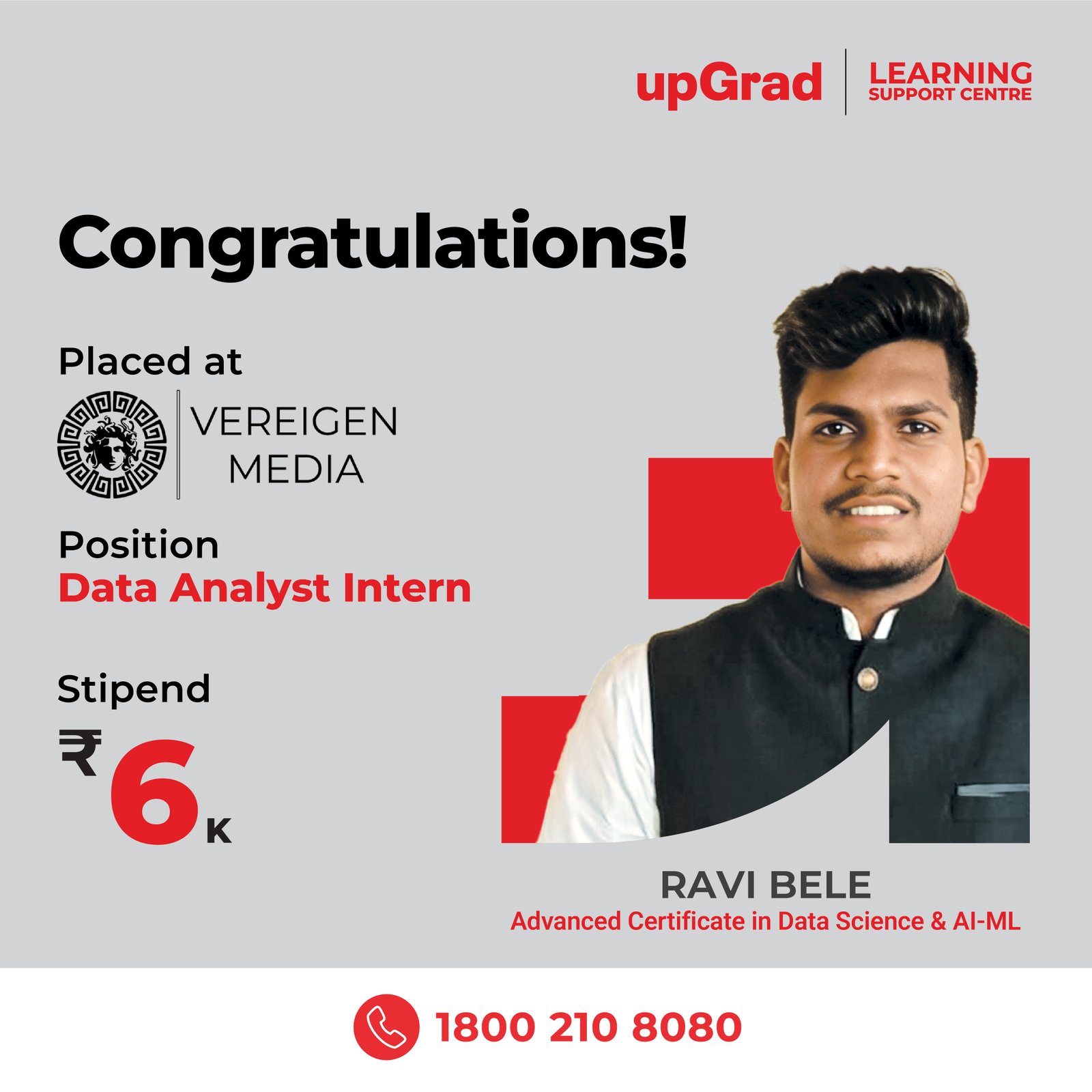 Ravi Bele placed at Vereigen Media as a Data Analyst Intern with a stipend of 6K